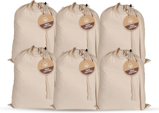 LFH Home Large Premium 100% Cotton Canvas Laundry Bag with Drawstring and Handles Heavy Duty, Multi-Use, and Washable for Home, Travel, College or Storage 24x36 (Pack of 6)-Natural