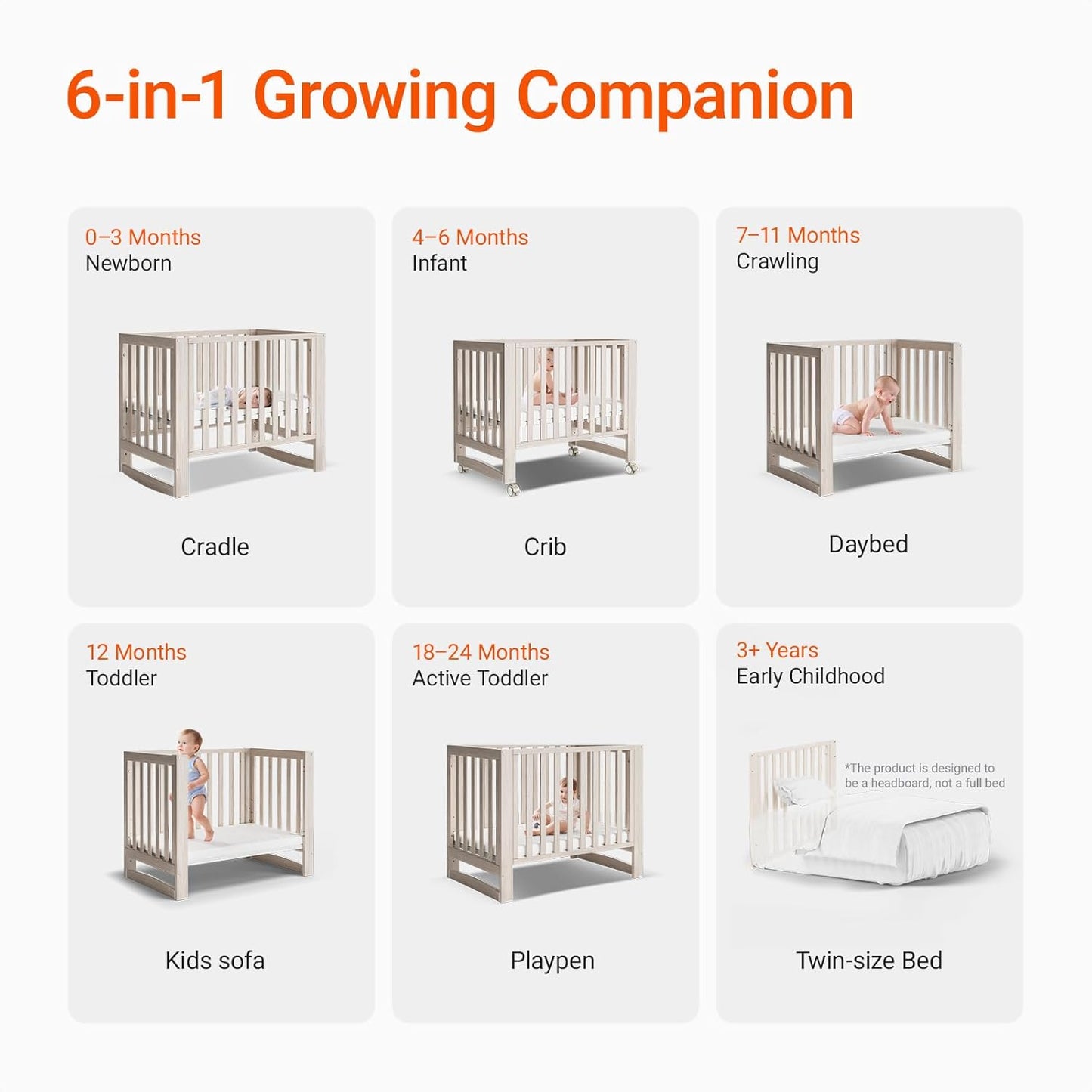 EvoNest Baby Crib, 6 in 1 Convertible Mini Crib with Wheels, 100% New Zealand Wood Growing Bed, 4 Adjustable Mattress Height， Washed Natural