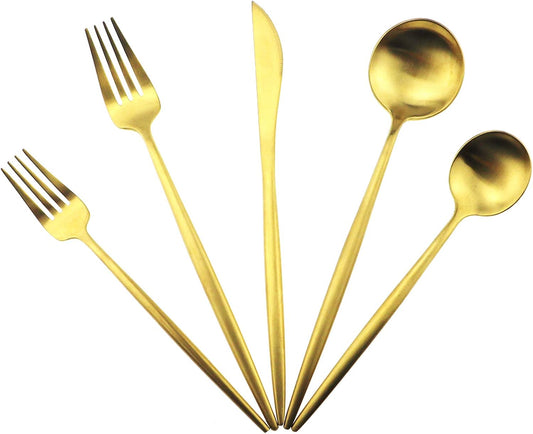 Gugrida 20-Piece 18/10 Stainless Steel Flatware Silverware, Luxury Dinnerware Set Travel Cutlery Tableware Include Knife Fork Spoon Service for 4,Healthy & Eco-Friendly Dishwasher Safe (Gold Matte)