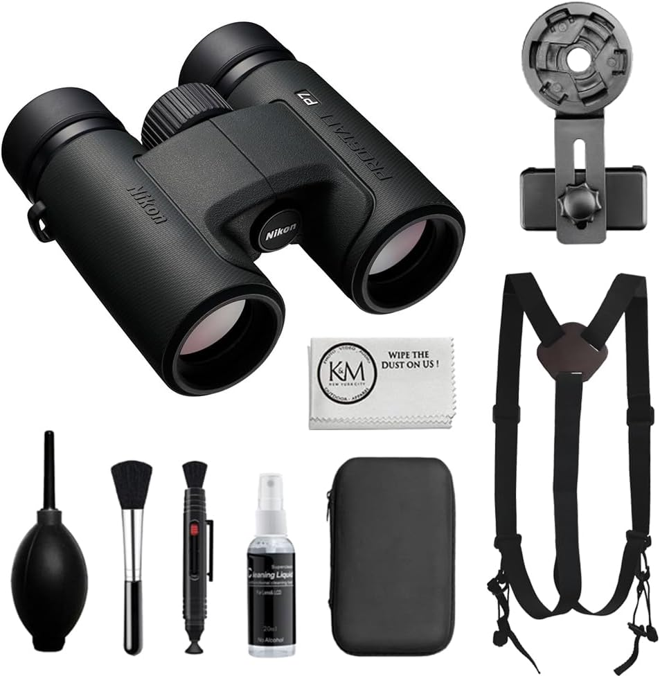 Nikon PROSTAFF P7 10x30 Binoculars Bundled with Harness Strap + Deluxe Cleaning Kit + Smartphone to Binocular Adapter + Microfiber Cleaning Cloth (5 Items)