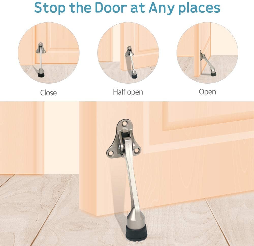 Door Stopper, Kick Down Door Stops for Heavy Doors, with Rubber Tip and Spring Lever, Adjustable, Easy to Set Down and Release, 4-Inch, for Wide Doors (4inch x 2pack, Satin Nickel)