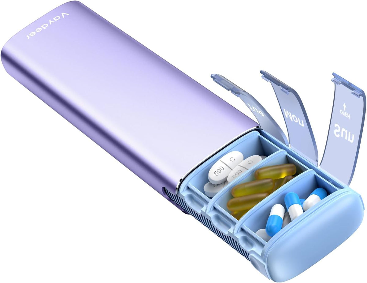 Vaydeer Metal Travel Pill Organizer, 7 Day Weekly Pill Box, Large Capacity Daily Cute Pill Case for Supplements, Pills, Vitamins and Medication (Small,Purple)