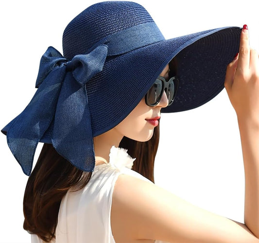DRESHOW Beach Hats for Women Big Straw Wide Brim Summer Hat Floppy Foldable Roll up Cap Sun Hat UPF 50+