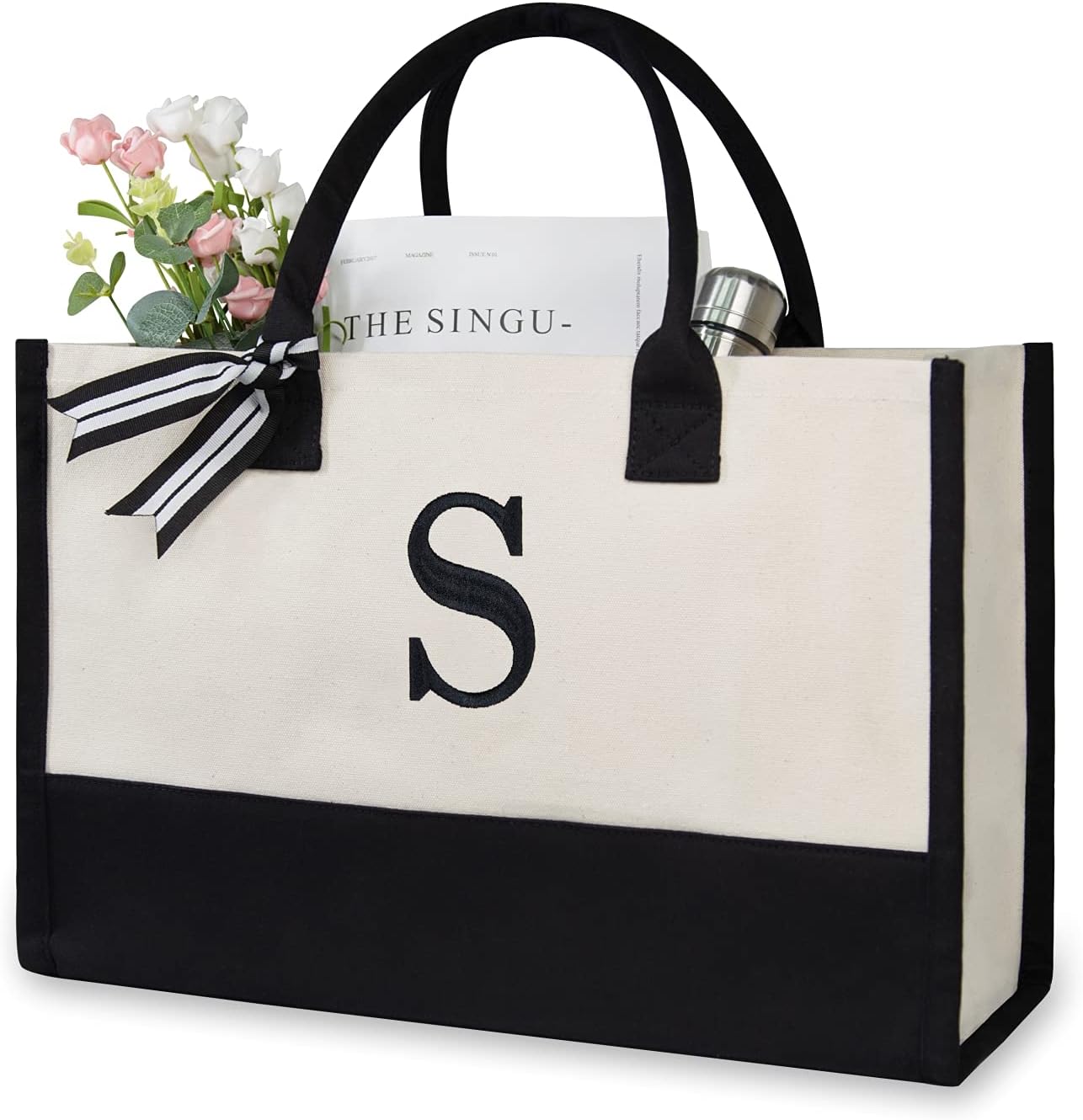 TOPDesign Embroidery Initial Canvas Tote Bag, Personalized Present Bag, Suitable for Wedding, Birthday, Beach, Holiday, is a Great Gift for Women, Mom, Teachers, Friends, Bridesmaids (Letter S)