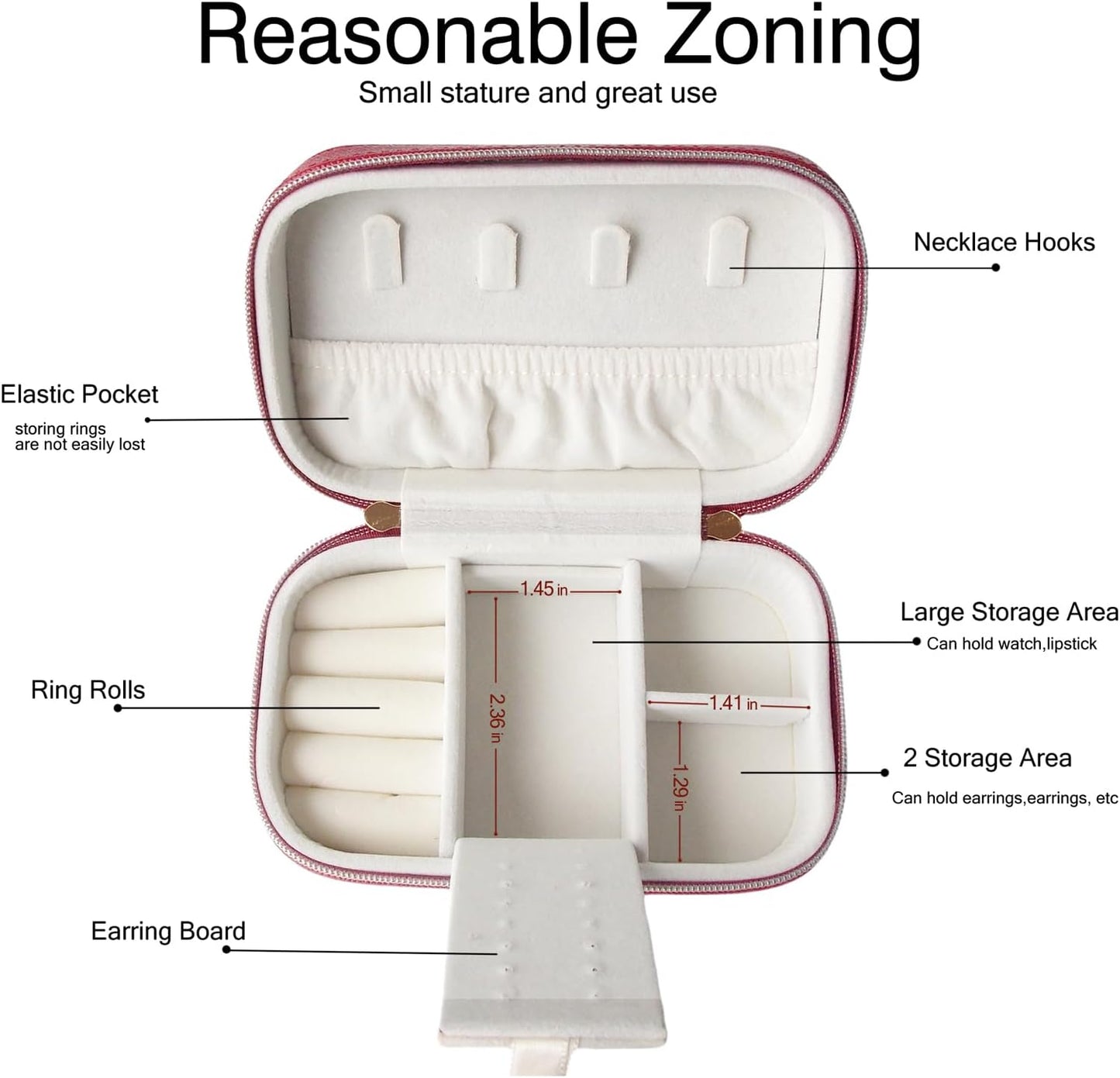 Small Jewelry Travel Case For Womens Small Rectangle PU Leather Jewelry Box With Zipper 2.56" H Portable Travel Jewelry Case For Earring Rings Necklaces Bracelets Red Jewelry Gifts Box