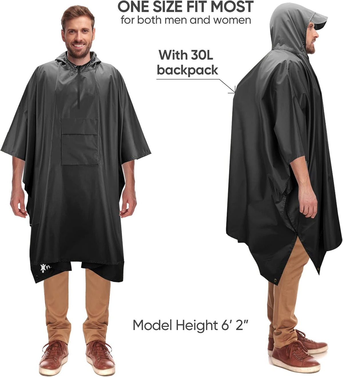 PTEROMY Hooded Rain Poncho for Adult with Pocket, Waterproof Lightweight Unisex Raincoat for Hiking Camping Emergency