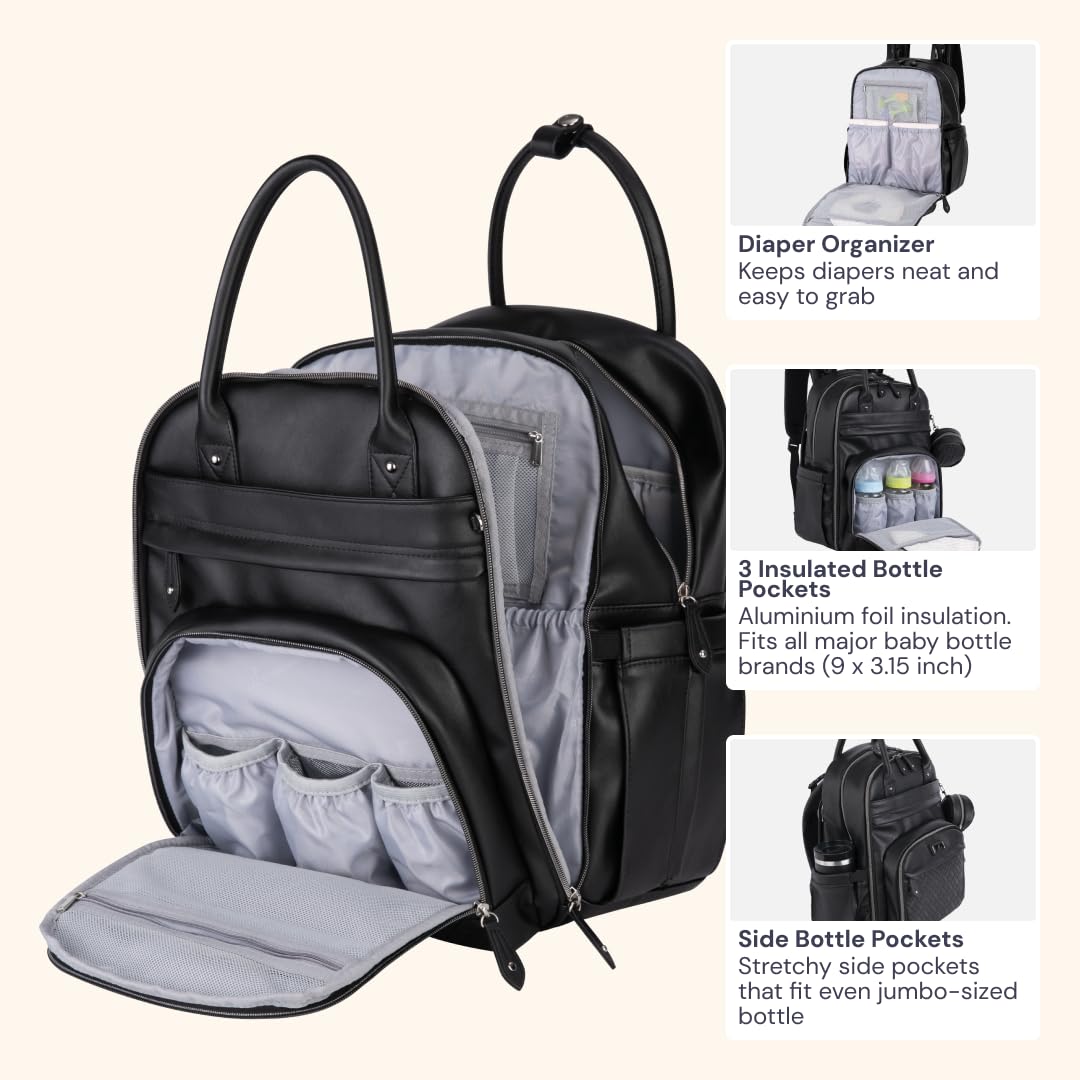 BabbleRoo Leather Diaper Bag Backpack - Baby Essentials Travel Baby Bag, Multi function, with Changing Pad, Stroller Straps & Pacifier Case – Unisex, Black