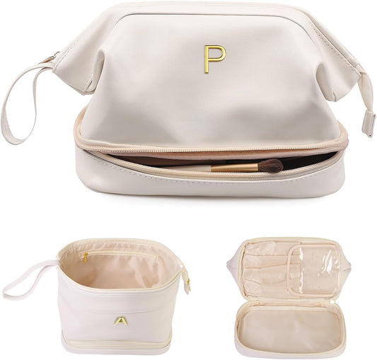 Girl Gift Ideas, White Makeup Bag, Initial Double Layer Cosmetic Bag with Makeup Brush Organizer, PU Leather Travel Toiletry Bag Gifts for Women Her Friend Sister Mom Gifts