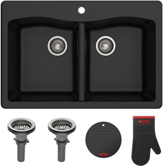 KRAUS Forteza 33-inch Drop in/Undermount 50/50 Double Bowl Granite Kitchen Sink in Black, KGD-52BLACK