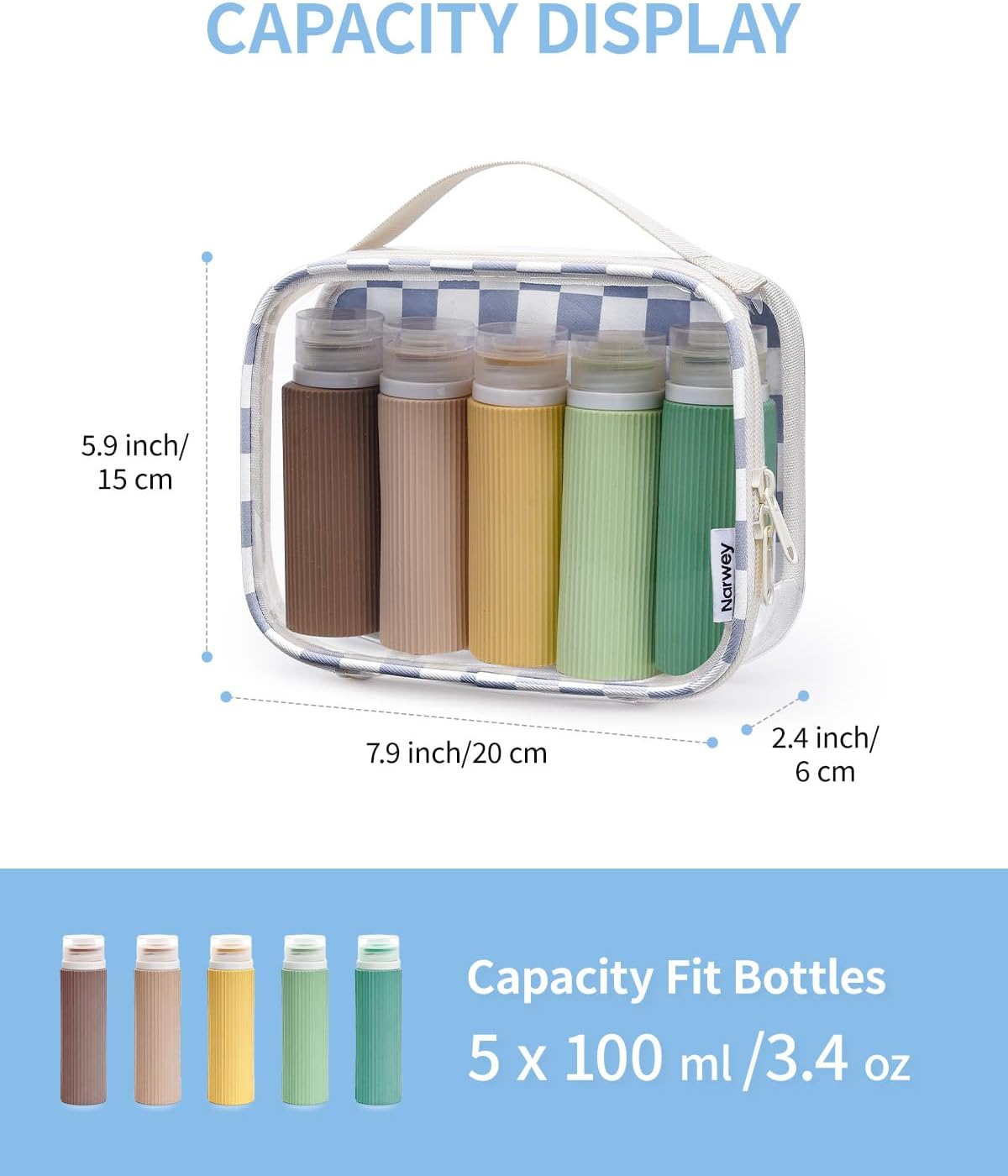 Narwey TSA Approved Clear Toiletry Bag for Travel, Waterproof PVC Clear Makeup Bags Portable Compact Cosmetic Bag Make Up Organizer Airport Airline Quart Size Compliant Bag (Grayish Blue Checkerboard)
