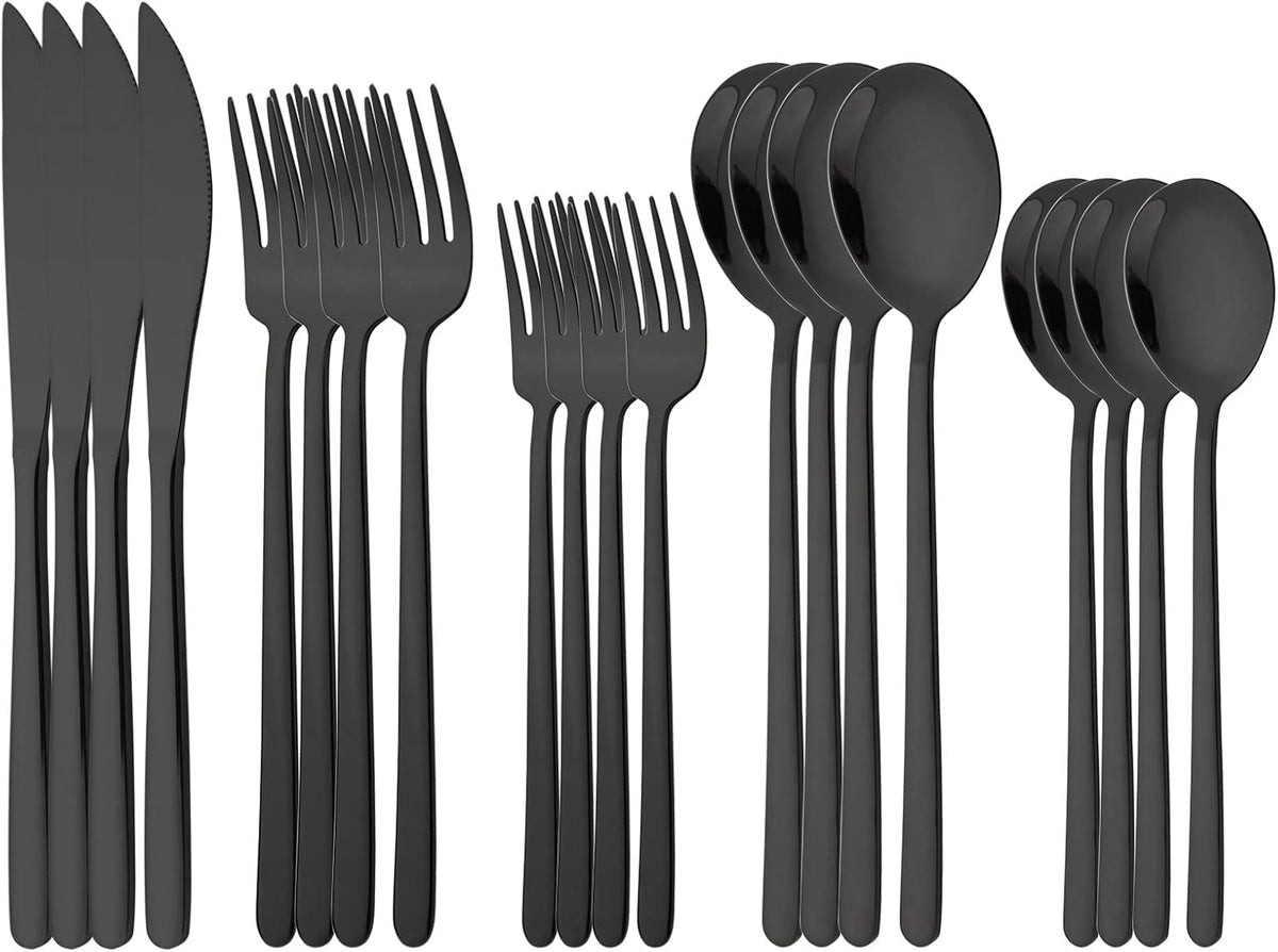 20 Pieces Silverware Set 304 Stainless Steel, Healthy & Eco-Friendly Silver Travel Mirror Polished Black Knife Fork Spoon Salad Fork Dessert Spoon Flatware Set, Service for 4