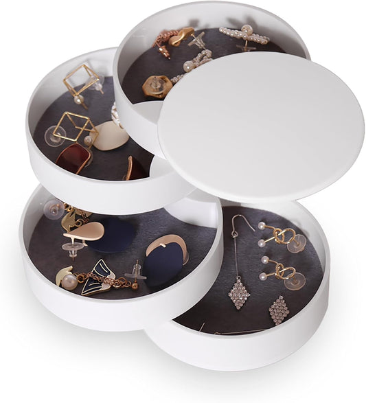 CONBOLA Jewelry Organizer, Small Jewelry Storage Box Earring Holder for Women, 5-Layer Rotating Travel Jewelry Tray Case with Lid for Bracelets Rings Bracelets, Gift for Women Teen Girls(White)