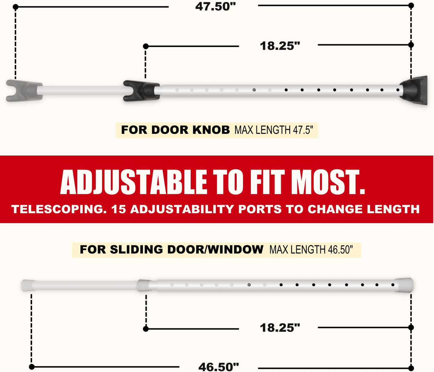 SECURITYMAN 2-in-1 Door Security Bar with Alarm & Sliding Door Stopper Security Bar with 120db Loud Siren - Rugged Iron Rated for 400lbs, (Protects Against Scratches) New Model for Wider Compatibility