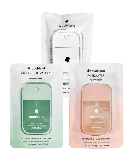 Touchland Glow Mist + Gentle Mist + White Mist Case, Scented and Stylish Hydrating Hand Sanitizer Spray Bundle, Travel Size Friendly