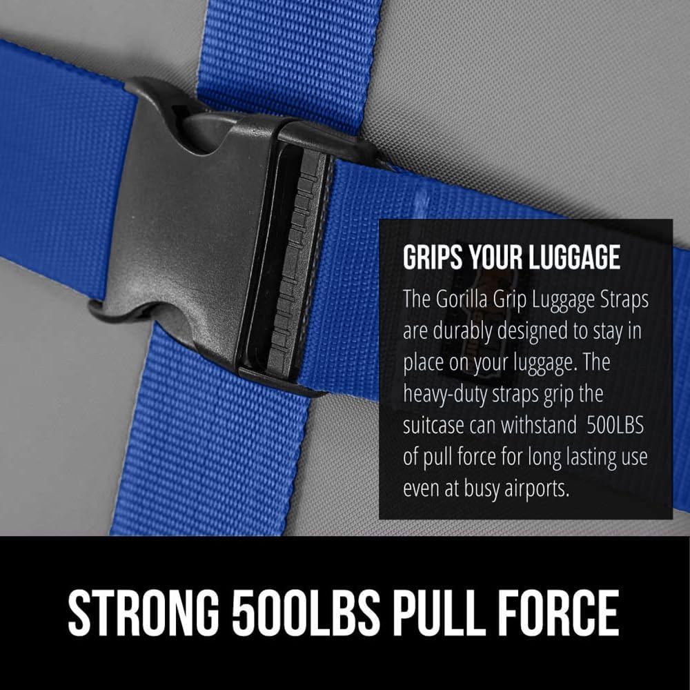 GORILLA GRIP Heavy Duty 4 Pack Adjustable Luggage Straps for Suitcases, Easy to Identify Travel Belt Connector Holds Suitcase Together, Extends Life of Bag, Strap Connects Two Bags, Accessories Blue