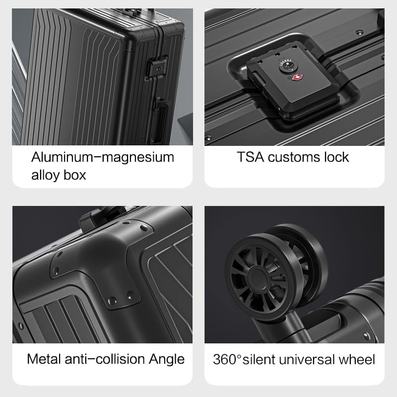Metal all aluminum carry-on suitcase 20 "hard face, TSA lock and rotating wheel zippered luggage set (dark grey, 2Piece(20/28))