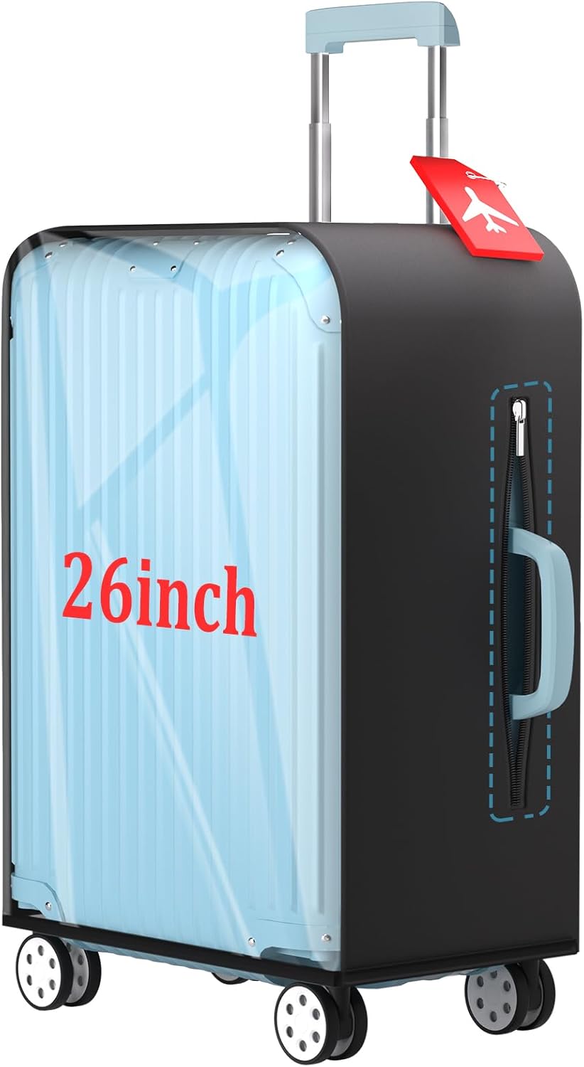 Upgraded Elastic Luggage Cover Protector - Stretchable Black Cloth + Clear TPU, Fit 26 Inch Wheeled Suitcase TSA Approved, Waterproof & Anti-Scratch, Includes Free Red Luggage Tag