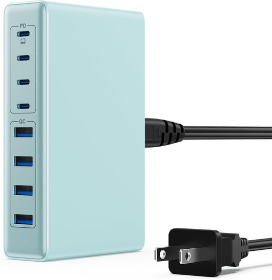 200W USB C Charger Block,GaN IV Charging Station 8 Ports,QC4.0 Fast Charging Station Hub+PD 65W USB C Laptop Charger Adapter Compatible with MacBook Air/Pro,DELL,iPhone 16/15,iPad,Steam Deck-Sky Blue