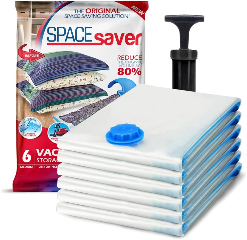 6 Pack Medium Vacuum Storage Bags for Comforters, Blankets & Clothes –Vacuum Sealed Compression Bags with Hand Pump – Space Saver Storage Bags for Bedding, Moving, Travel & Organization