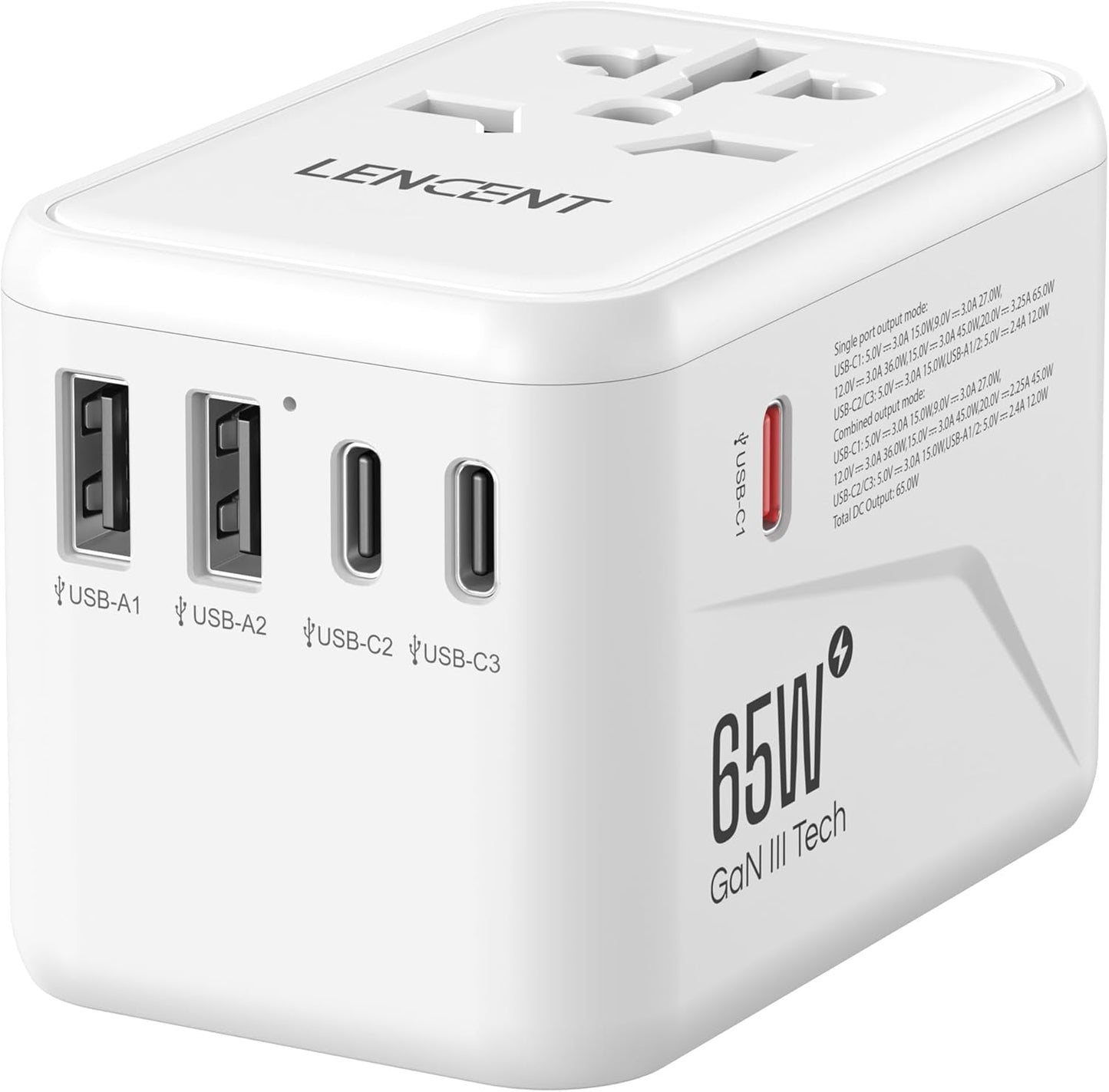 LENCENT Universal Travel Adapter, GaN III 65W International Charger with 2 USB Ports & 3 Type-C PD Fast Charging, Worldwide Outlet Adaptor for iPhone,Laptops, Type A/C/G/I (USA/UK/EU/AUS)