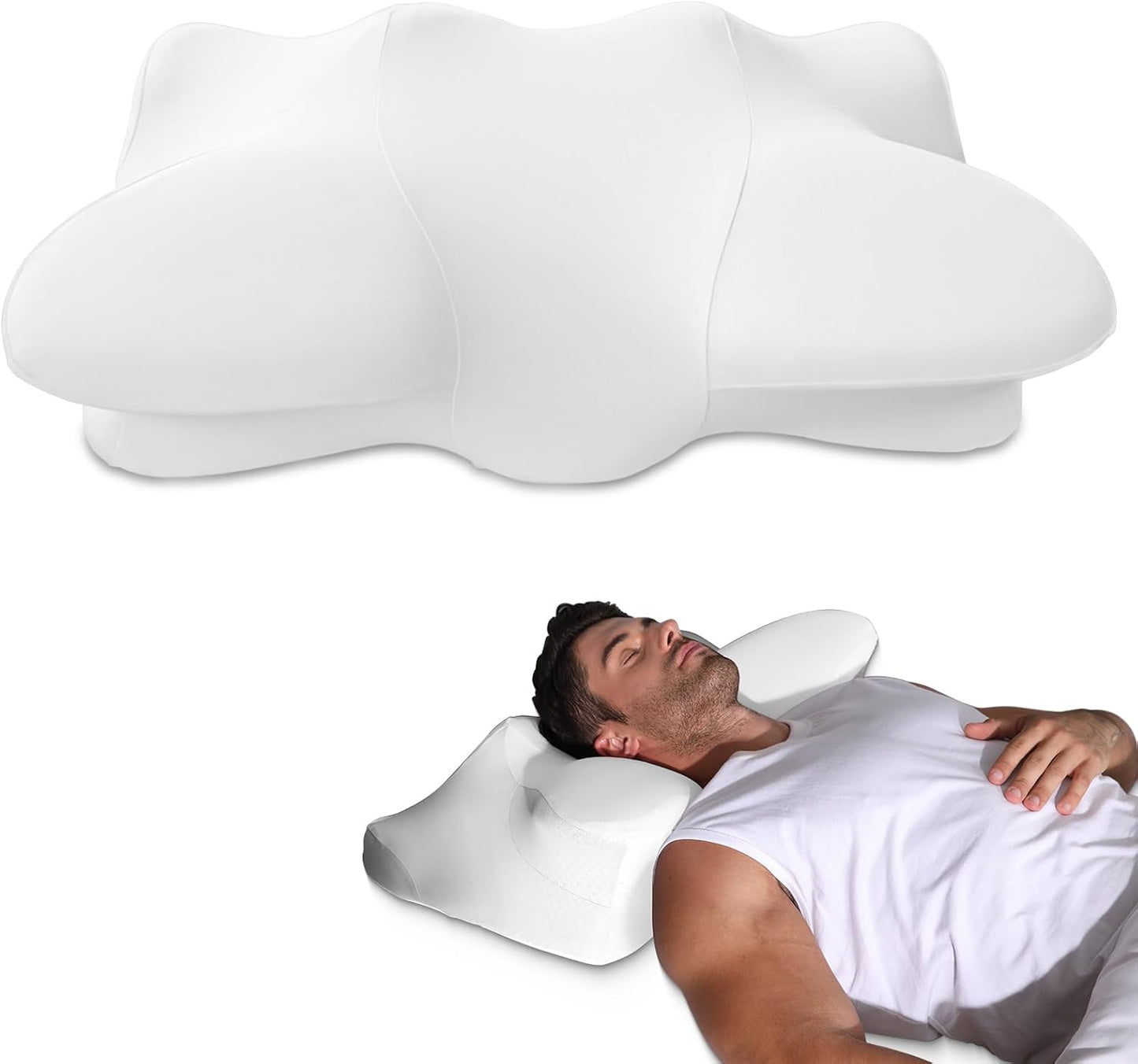 Dual-Height Cervical Neck Pillow for Pain Relief, Memory Foam Pillows with Cooling Tech -3D Ergonomic Support, Cooling Cover, for Side/Back/Stomach Sleeper Pillow, Minimalist Style - White