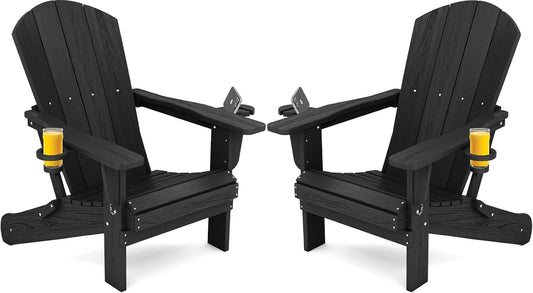 SERWALL HDPE Folding Adirondack Chair with Dual Cup Holder - Composite Adirondack Chair Set of 2- Black