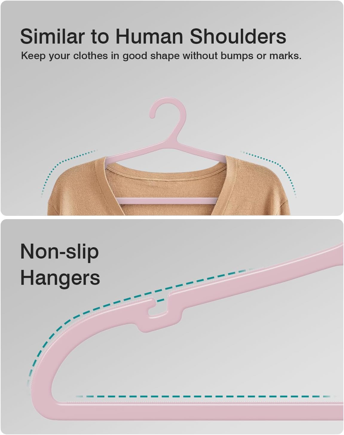 50 Pack Clothes Hangers, Non Slip Plastic Coat Hangers, Space Saving Hangers, Heavy Duty, Hanging Dry Wet Clothes, 16.4" x 8.3", Light Pink, UAPY0550P