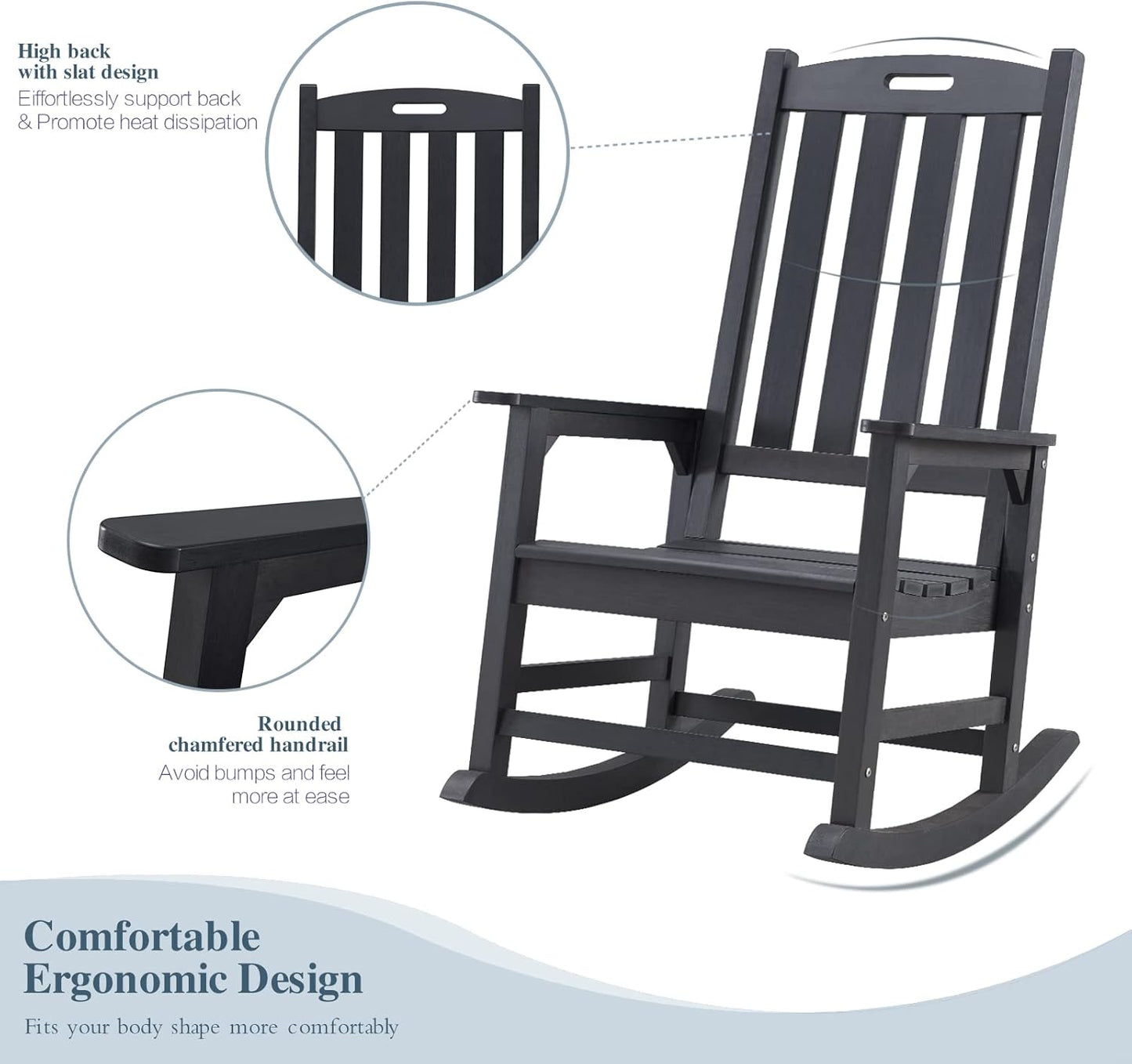 Psilvam Oversized Outdoor Rocking Chair Set of 2, Porch Rocker with 21" Wide Seat and 32" Tall Backrest, Pre-Assembled with Most Components for Effortless Installation (Carbon Black)