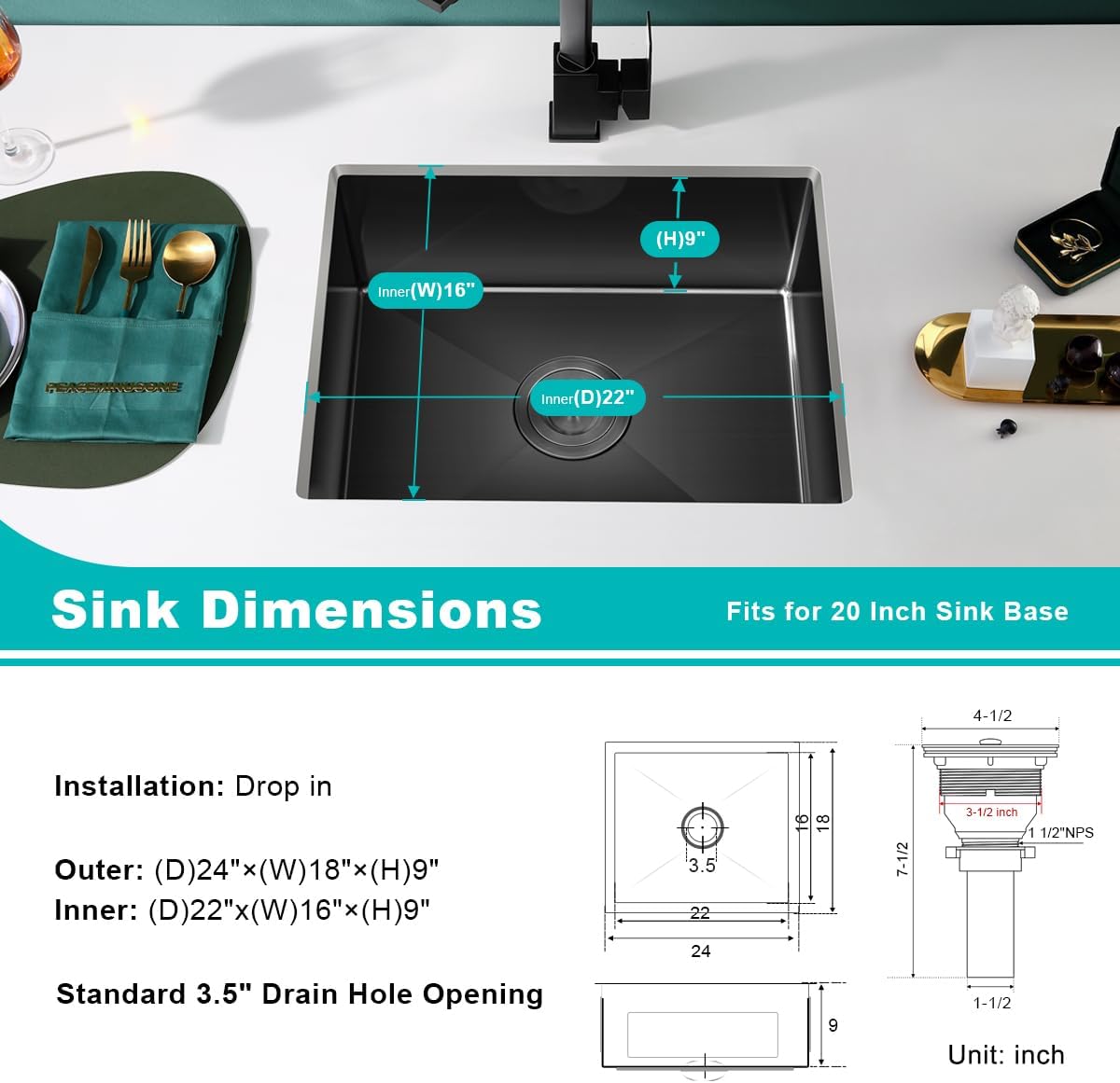 24x18 Inch Undermount Kitchen Sink Nano Black,18 Gauge Stainless Steel Single Bowl Kitchen Sink 9 Inch Deep Bowl Sink Undermount, 24"x18"x9"