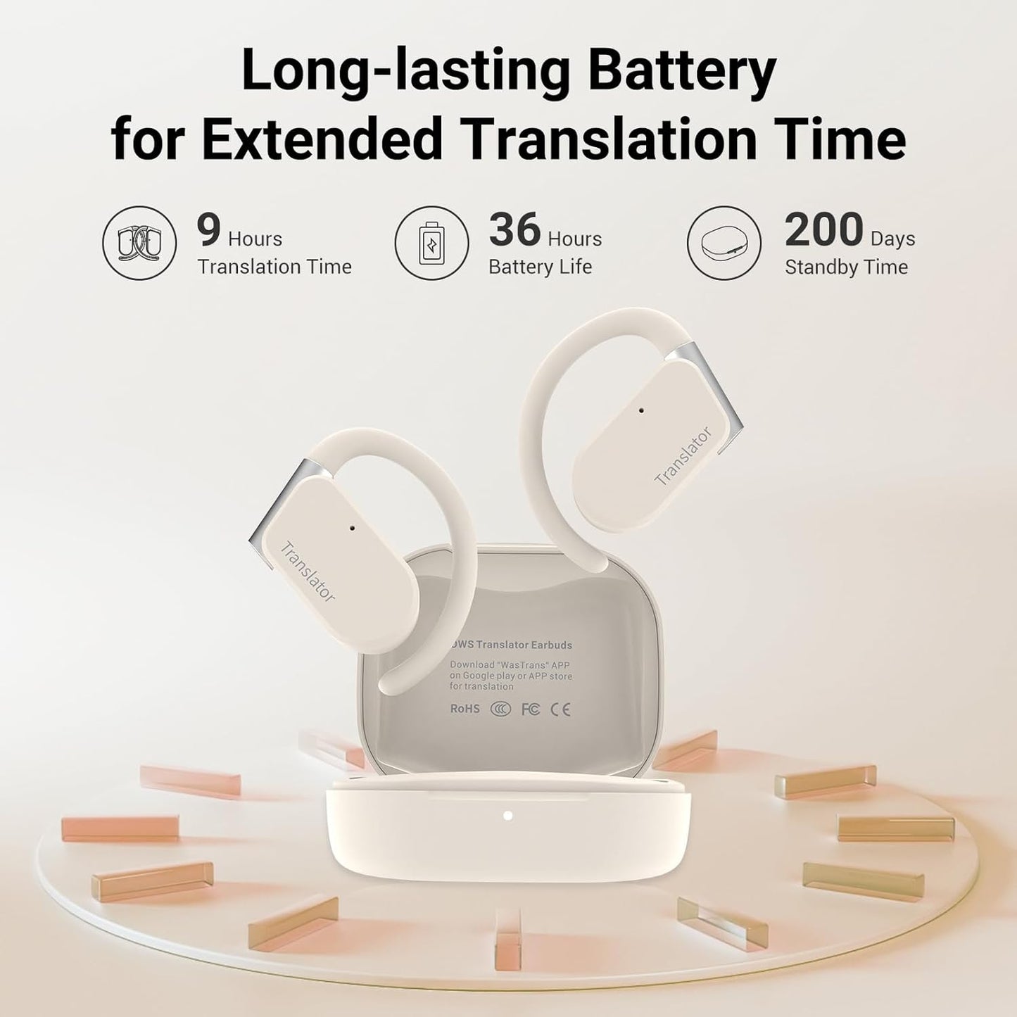 M9 Language Translator Earbuds Open-Ear Headphones Support 144 Languages & Accents Translation Earbuds Real Time Translator Device, Snug Fit, Ergonomic Ear Hooks Beige (Without Offline Package)