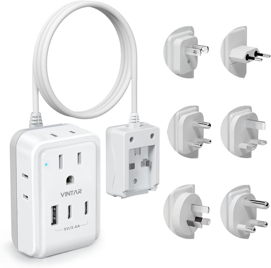 VINTAR Universal Travel Adapter Kit, 5ft Detachable Extension Cord with 4 AC Outlets & 3 USB(2 USB C), Type A/C/G/D/I/M International Power Adaptor for US to Europe UK India South Africa Japan