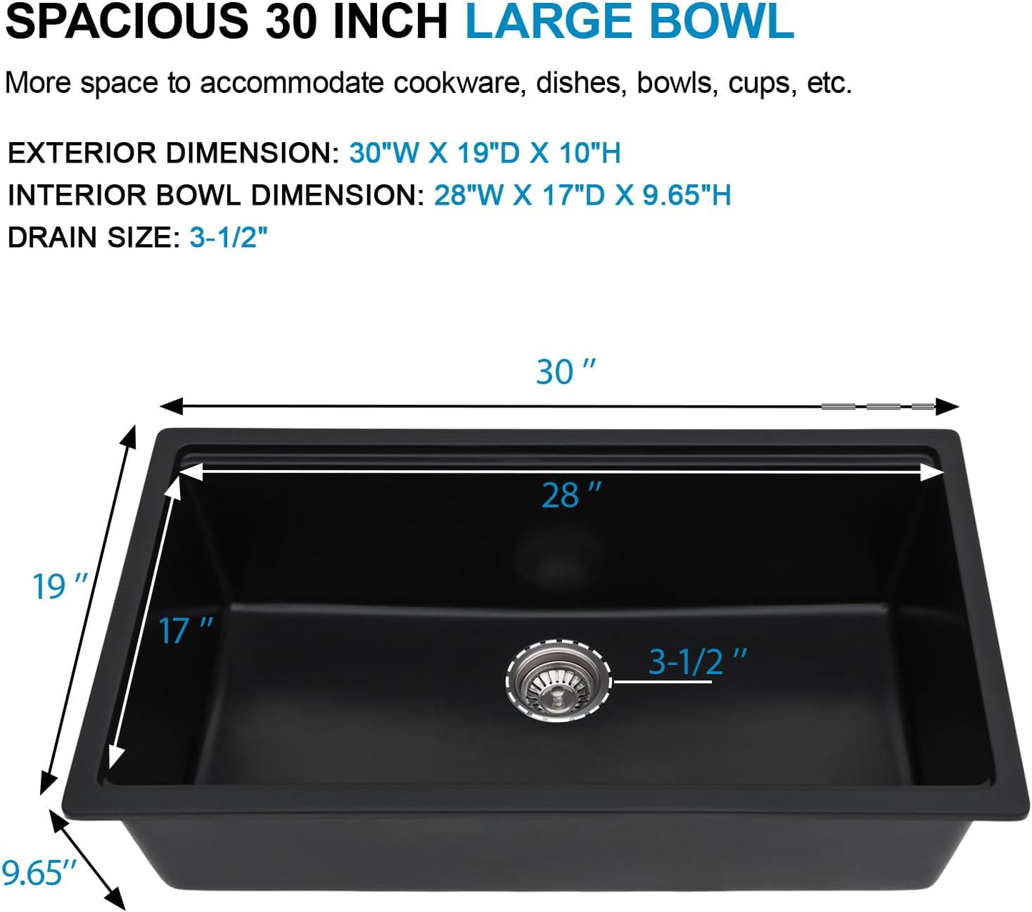 30 Granite Composite Kitchen Sink - Donsdey 30 Inch Black Kitchen Sink Undermount Granite Quartz Composite Ledge Workstation Matte Black Under Counter Single Bowl Sink Basin