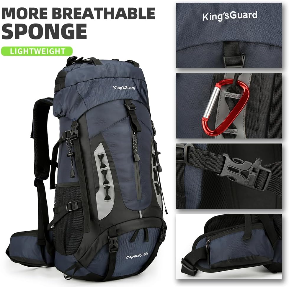 King'sGuard 60L Hiking Backpack Large Waterproof Camping Backpack for Men and Women Lightweight Frameless Backpacking Backpack with Rain Cover (Navy Blue)