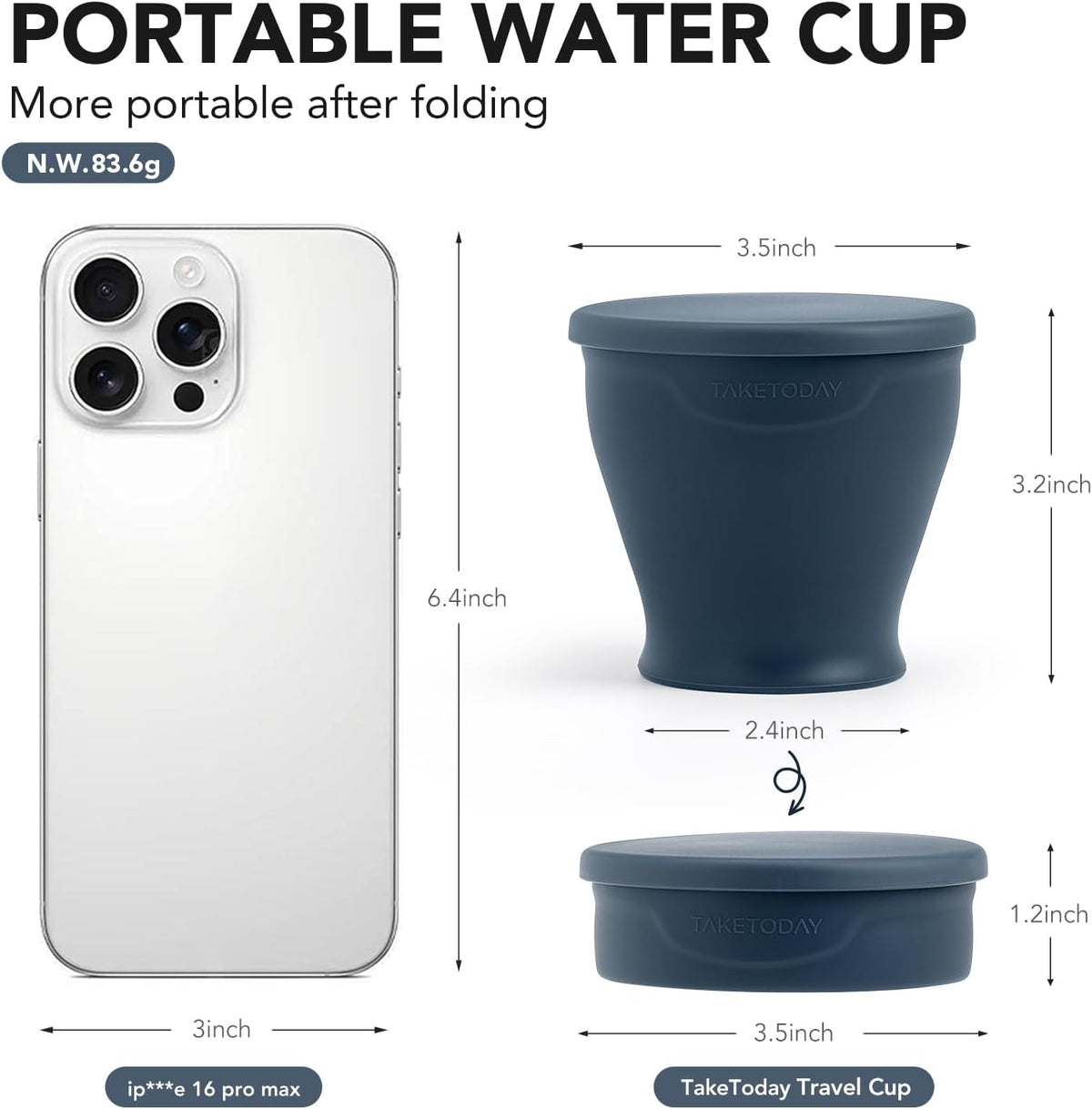 TakeToday Collapsible Travel Cup - Silicone Foldable Water Cup, BPA-Free with Lid & Waterproof Bag - Drinking Cup Set for Camping, Outdoors & International Travel（8 Oz, Navy）
