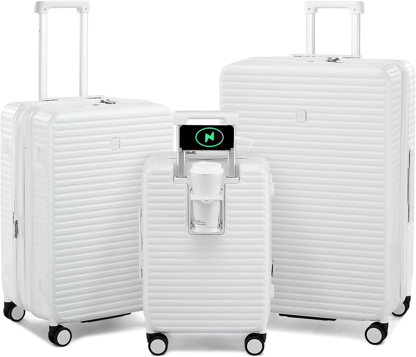Hard Shell Suitcases Expandable Travel Luggage Sets 3 Piece, Carry on and Check in 3 Piece Luggage Suitcase Sets with Spinner Wheels Cup Holder Charger Built in (White, 20/24/28)
