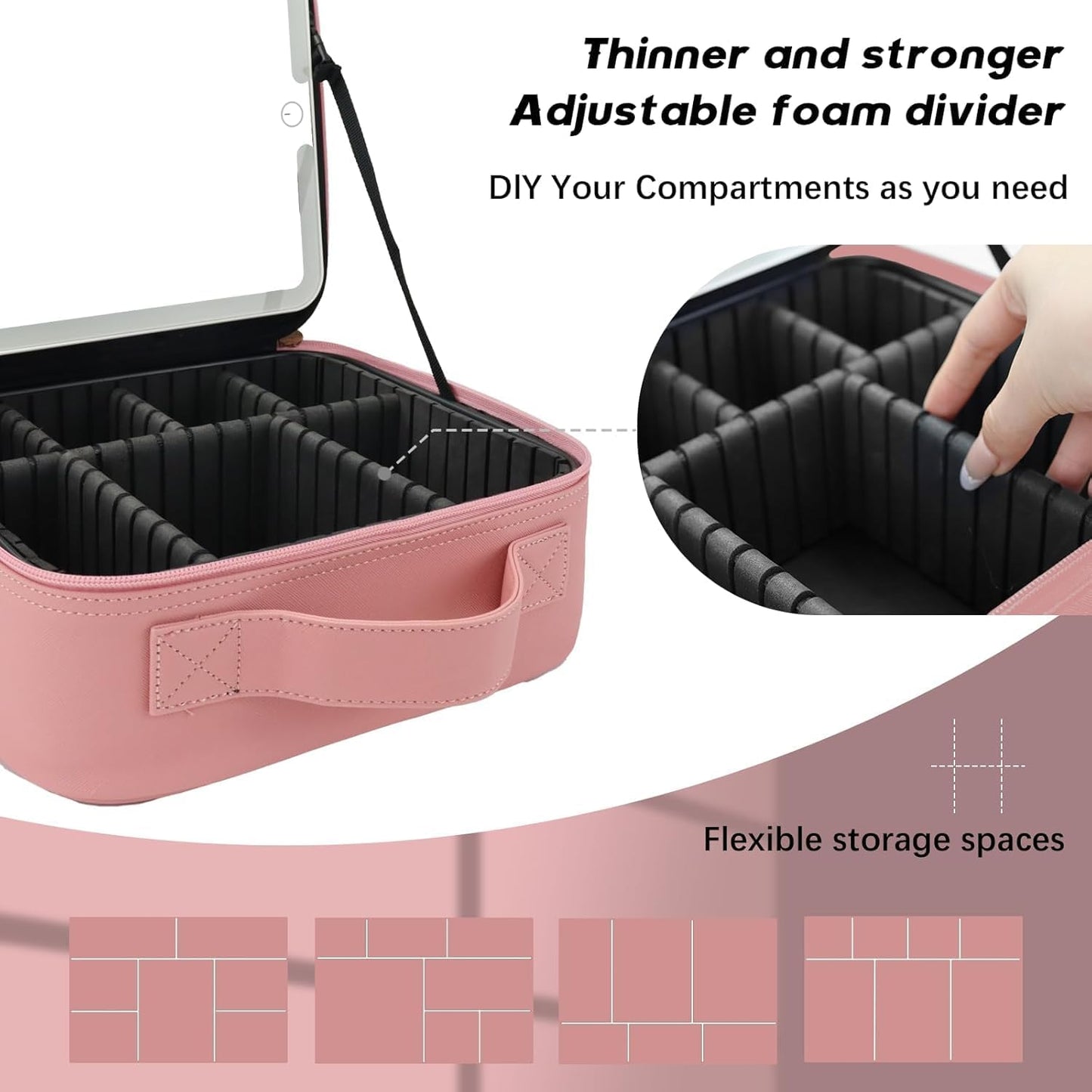 Makeup Bag with Led Mirror,Travel Makeup Organizer with 3 Color Setting & Jewelry storage box, Portable Storage and Adjustable Dividers Travel Makeup Bag(Pink)