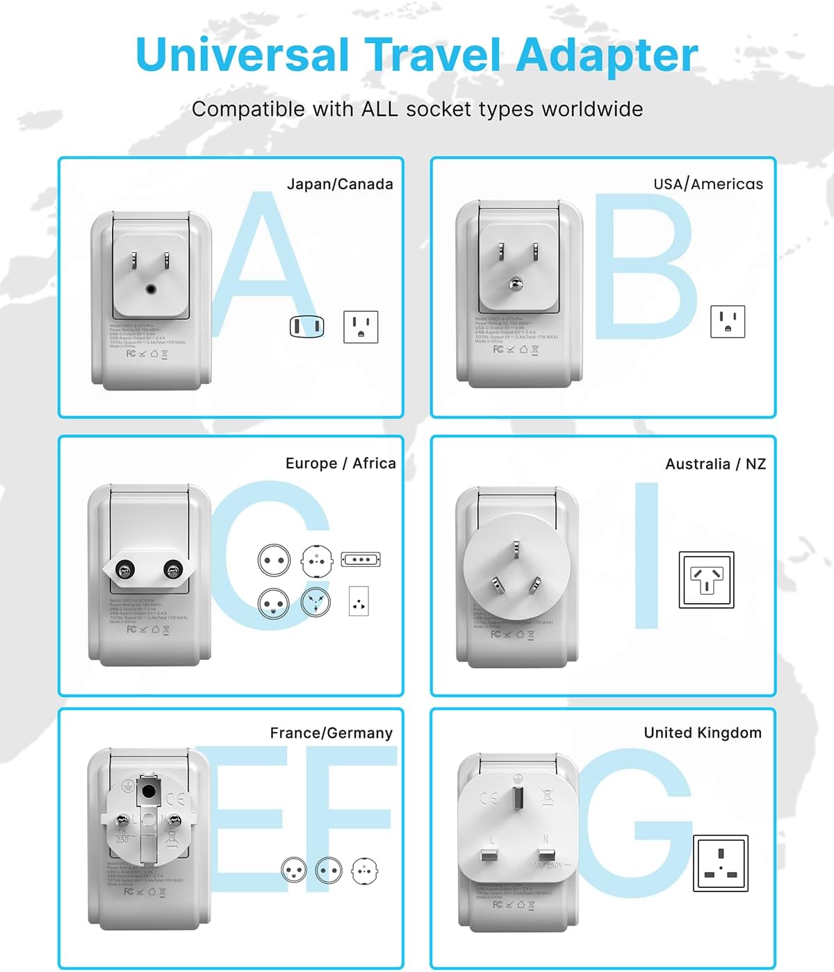 VINTAR Universal Travel Adapter Kit, International Power Adapter with 4 AC & 3 USB Ports(2 USB C), Type A,B,C,E/F,G,I, Swap Adapt Attachments, Travel Adapter Worldwide for Europe/UK/Aus/Japan/Africa