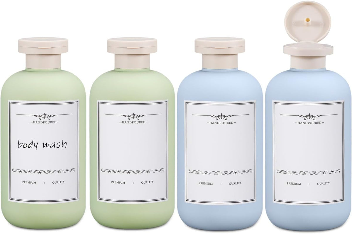 ASEVAT 10oz 4Pcs Plastic Refillable Travel Shampoo & Conditioner Bottles With Flip Cap