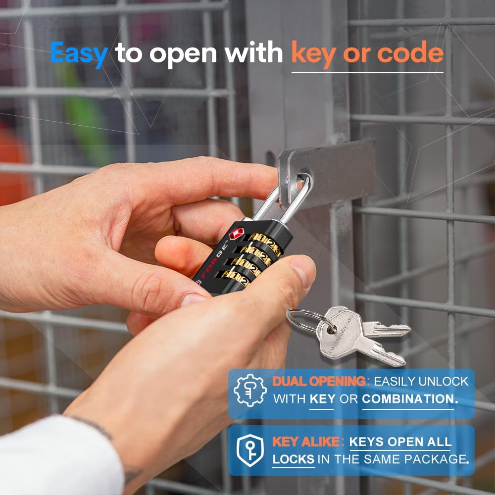 Forge Dual-Opening: Key or Combination Access Lock, TSA Approved Locks for Luggage, Pelican case, Travel, Gym, School, Stainless Steel Shackle. (Black 2 Pk)