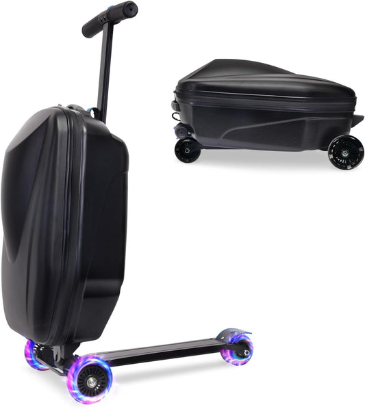 20" Scooter Suitcase for Kids, 2-in-1 Ride On Luggage with Wheels for Boys & Girls Ages 4-15, Foldable Hardshell Carry On Lightweight Travel Suitcase for Airplane