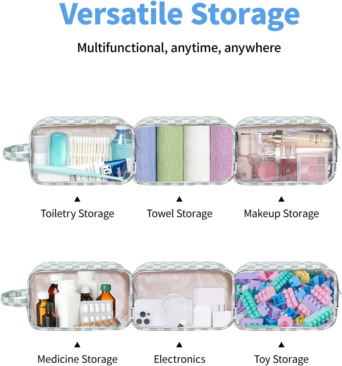 Narwey Clear Toiletry Bags for Traveling Women Men, Clear Travel Bags for Toiletries Makeup Bag Cosmetic Bag with Zipper, Make Up Organizer, Skincare Bag (Mint Green Checkerboard)