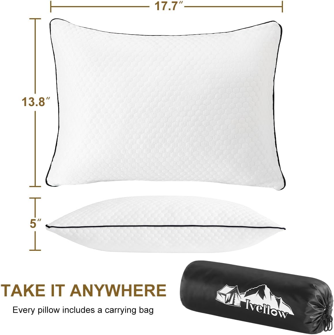Ivellow Travel Pillow Cooling Camping Pillow for Sleeping Compressible Shredded Memory Foam Pillow Compact Firm Supportive Pillow for Adults Kids Outdoor Backpacking Hiking Essential Gear White L