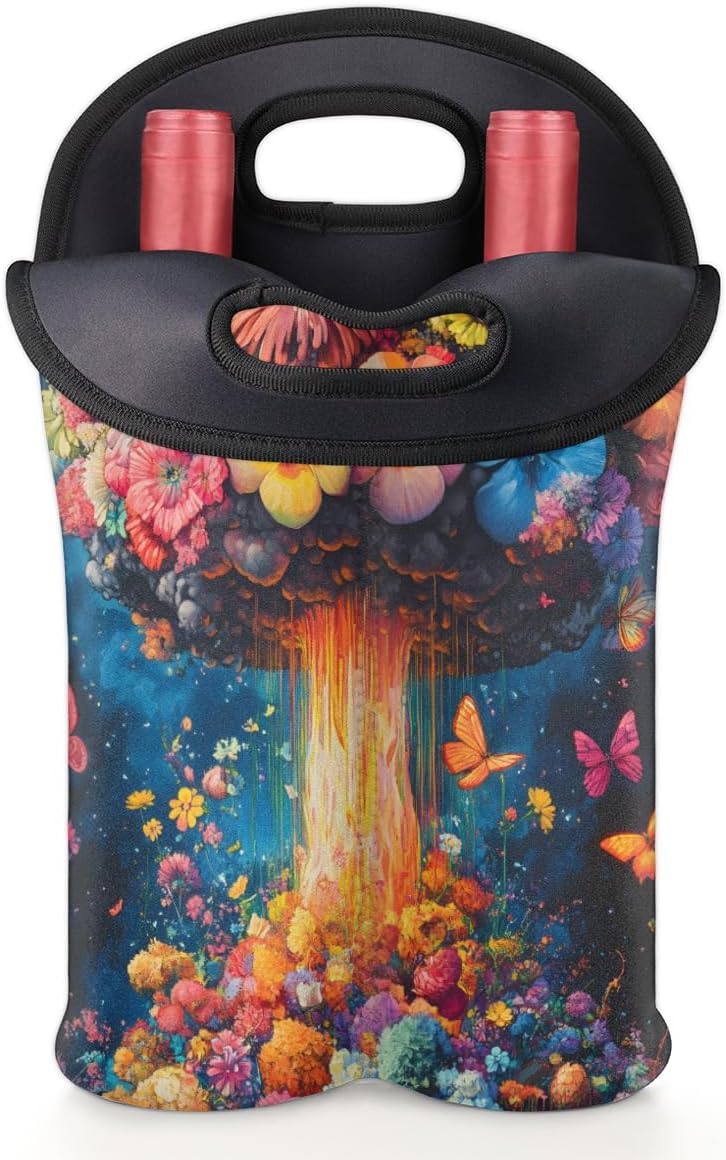 Neoprene Wine Tote, Bottle Carrier Gag Insulating Neoprene Thicker, Insulated Wine Bag for Travel Holds Two Bottles, Bottle Carrier Bags Protect the Bottles, Mushroom Flower