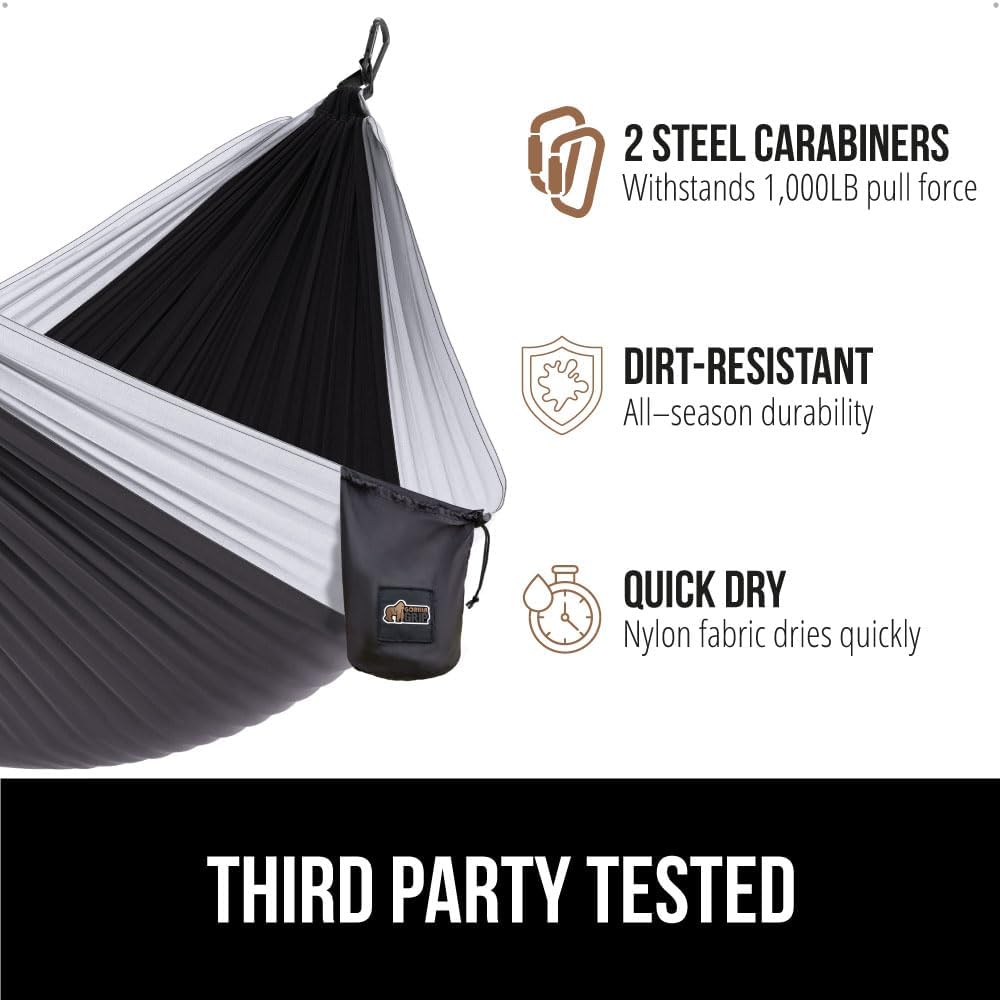 GORILLA GRIP Durable Portable Camping Hammock, Holds 500lbs with Heavy Duty Tree Straps, Comfortable Travel Swing, Camp Hammocks, Easy to Use and Install, Outdoor Essentials, Black, 10x6.5 FT