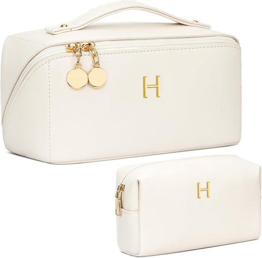 Birthday Gifts for Women Teen Girl, Personalized Initial Makeup Organizer Bag Set, Open Flat Travel Cosmetic Bag With Clear Divider and Handle(Beige,H)