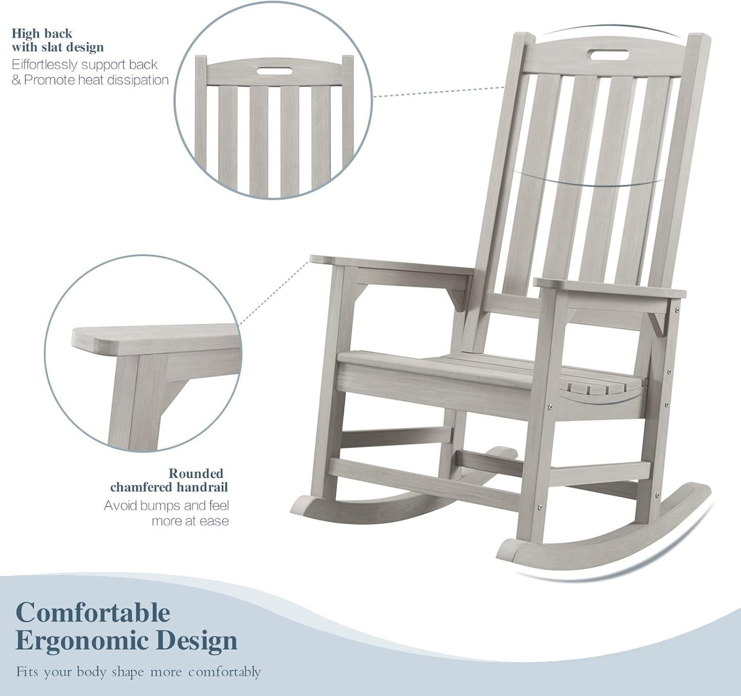 Psilvam Oversized Outdoor Rocking Chair, with 21" Wide Seat and 32" Tall Backrest, Pre-Assembled with Most Components for Effortless Installation (Gray)