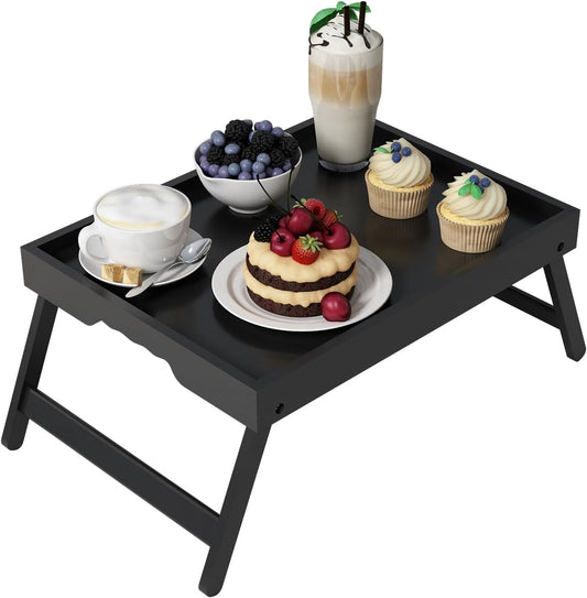 Bed Tray Table with Folding Legs,Bamboo Breakfast in Bed for Kitchen Serving Tray,Sofa,Used As Laptop Desk Snack Breakfast Tray (Black, Medium)