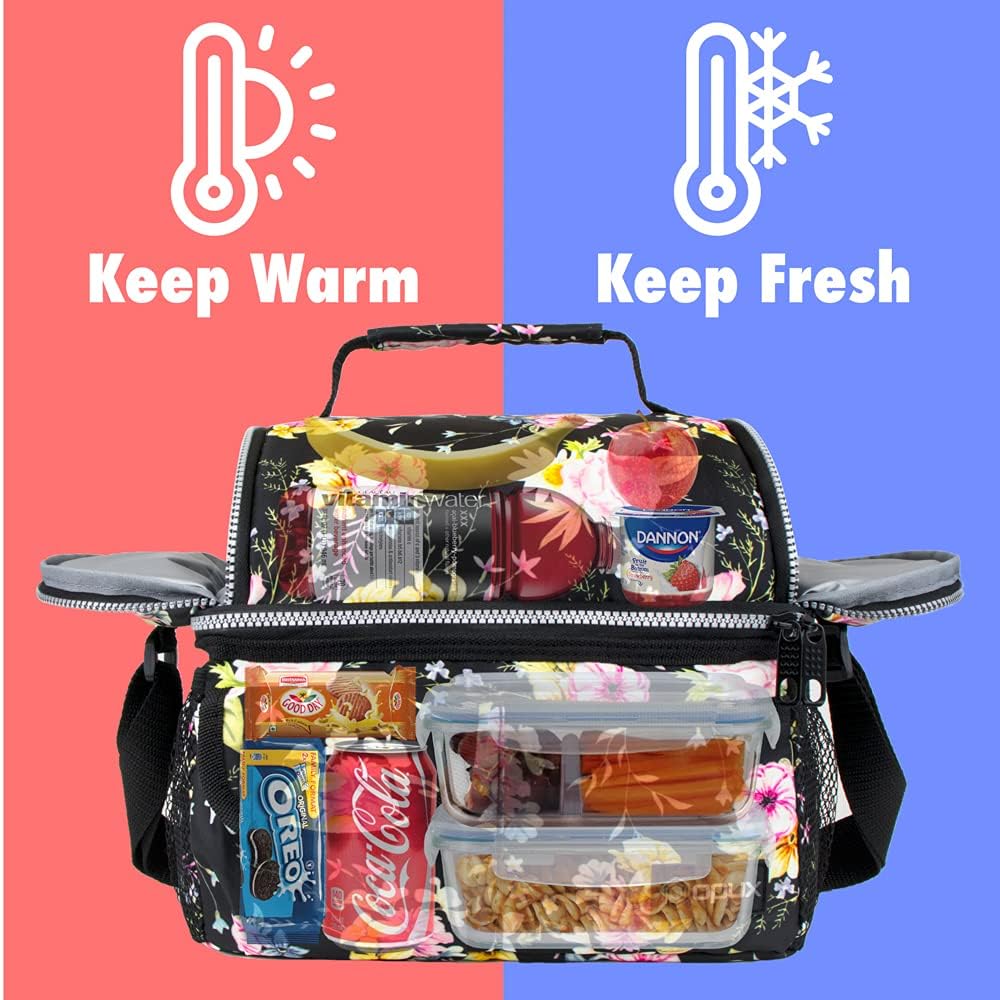 opux Lunch Bag Women Insulated, Adult Lunch Box Cooler, Flower Lunch Box, Dual Compartment Lunchbox for Work, Leakproof Double Decker Lunch Bag, Soft Lunch Pail Tote Girls Kids School, Floral Black