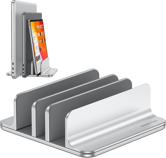 OMOTON 3-Slot Vertical Laptop Stand, Desktop Aluminum Stand for MacBook with Adjustable Dock Size, Fits All MacBook, Surface, Chromebook and Gaming Laptops (Up to 17.3 inches), Bright Silver