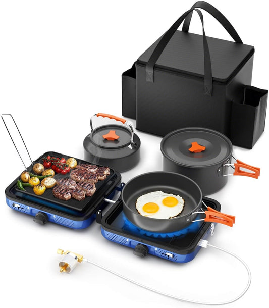 Portable 2 Burner Camping Stove Set with Cookware, Outdoor Cooking Kit Includes Outdoor Folding Gas Stove, Frying Pan, Griddle, Kettle, Pot, and Carry Bag, For Propane & Butane, 20,000 BTU/h